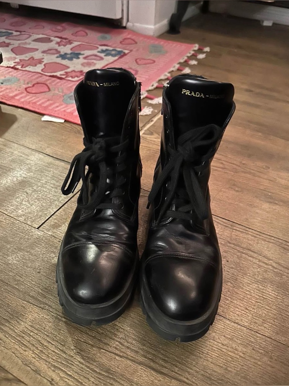 Prada Black Leather Lace-Up Combat Boots